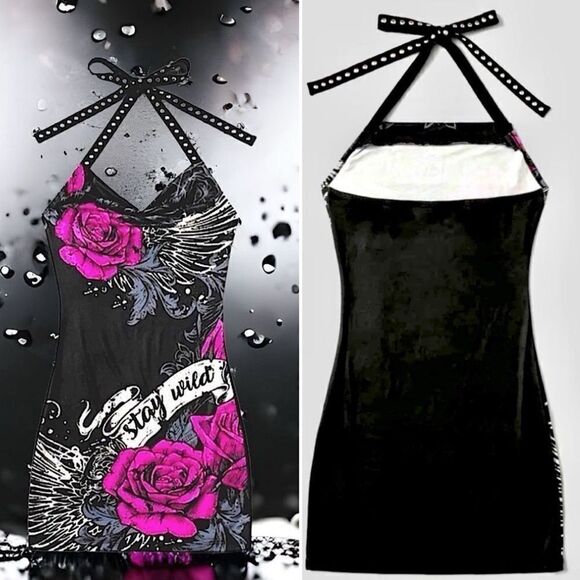 SHEIN l “Stay Wild” Silver-Studded Tie-Back Halter BodyCon Dress l IX l New - Picture 4 of 14